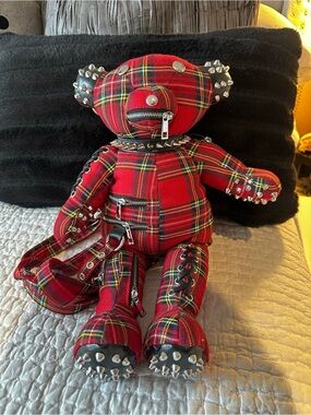 Dolls Kill Red Plaid Studded Teddy Bear Harness Bag